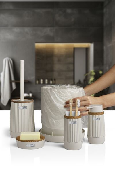 Okyanus Home Nida Bej Ahşap Desenli Eko 5'li Banyo Seti