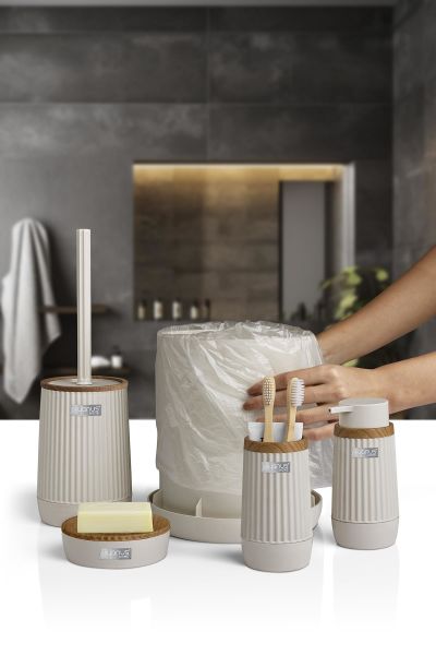 Okyanus Home Nida Bej Ahşap Desenli Eko 5'li Banyo Seti
