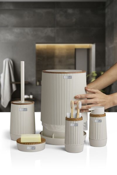 Okyanus Home Nida Bej Ahşap Desenli Eko 5'li Banyo Seti