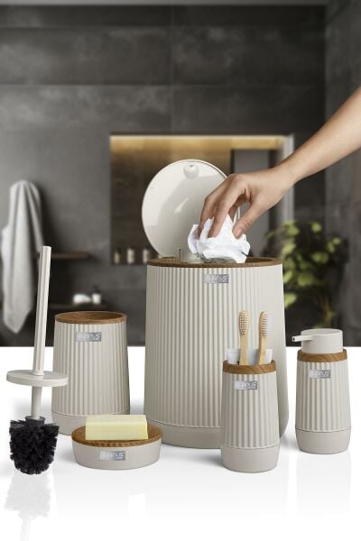Okyanus Home Nida Bej Ahşap Desenli Eko 5'li Banyo Seti