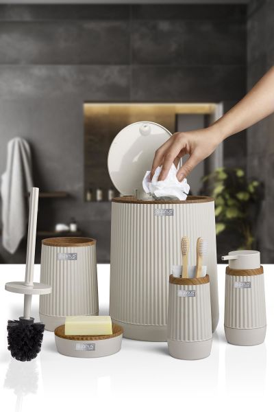 Okyanus Home Nida Bej Ahşap Desenli Eko 5'li Banyo Seti
