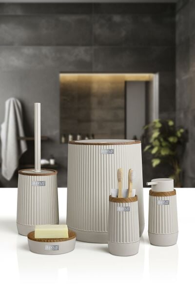 Okyanus Home Nida Bej Ahşap Desenli Eko 5'li Banyo Seti