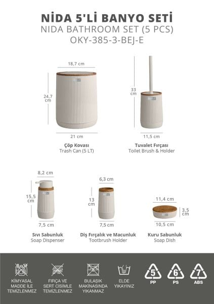 Okyanus Home Nida Bej Ahşap Desenli Eko 5'li Banyo Seti