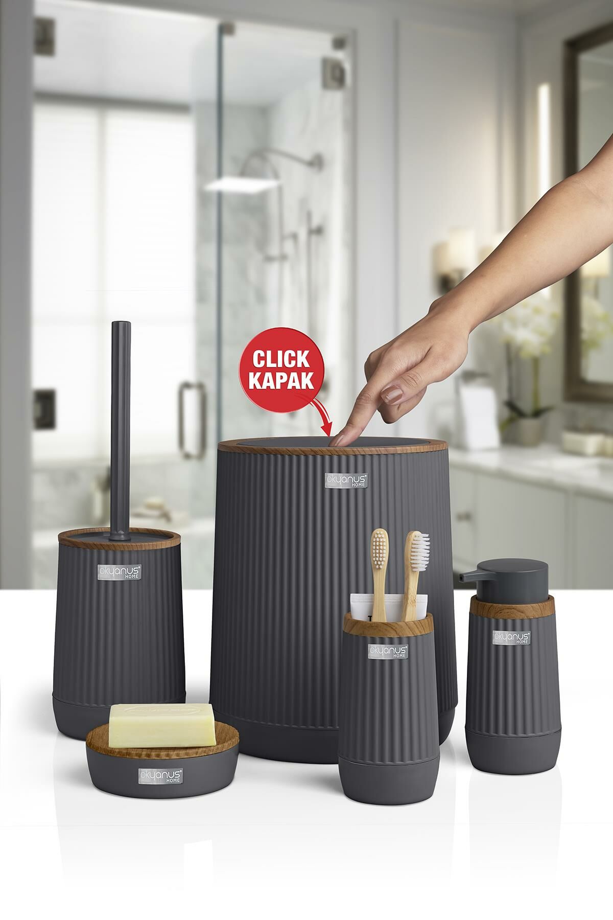 Okyanus Home Nida Antrasit Ahşap Desenli Eko 5'li Banyo Seti