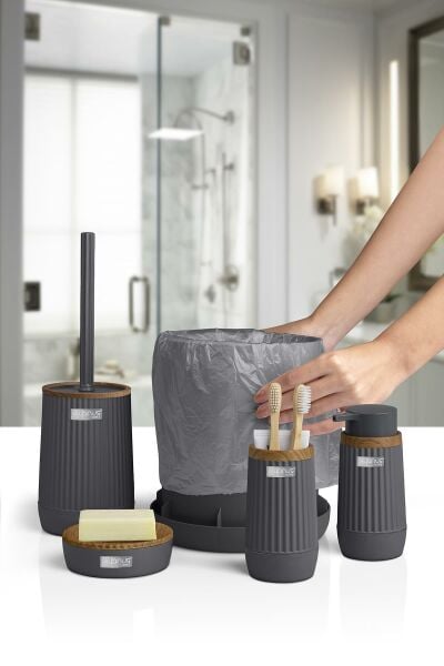 Okyanus Home Nida Antrasit Ahşap Desenli Eko 5'li Banyo Seti