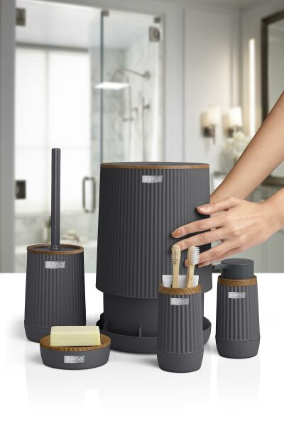 Okyanus Home Nida Antrasit Ahşap Desenli Eko 5'li Banyo Seti