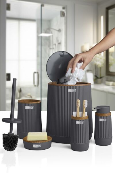 Okyanus Home Nida Antrasit Ahşap Desenli Eko 5'li Banyo Seti