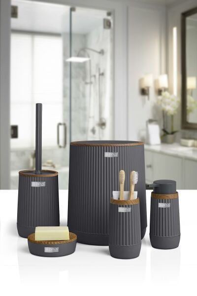 Okyanus Home Nida Antrasit Ahşap Desenli Eko 5'li Banyo Seti