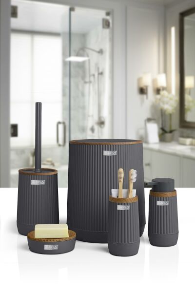 Okyanus Home Nida Antrasit Ahşap Desenli Eko 5'li Banyo Seti