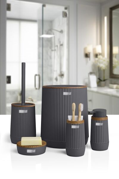 Okyanus Home Nida Antrasit Ahşap Desenli Eko 5'li Banyo Seti