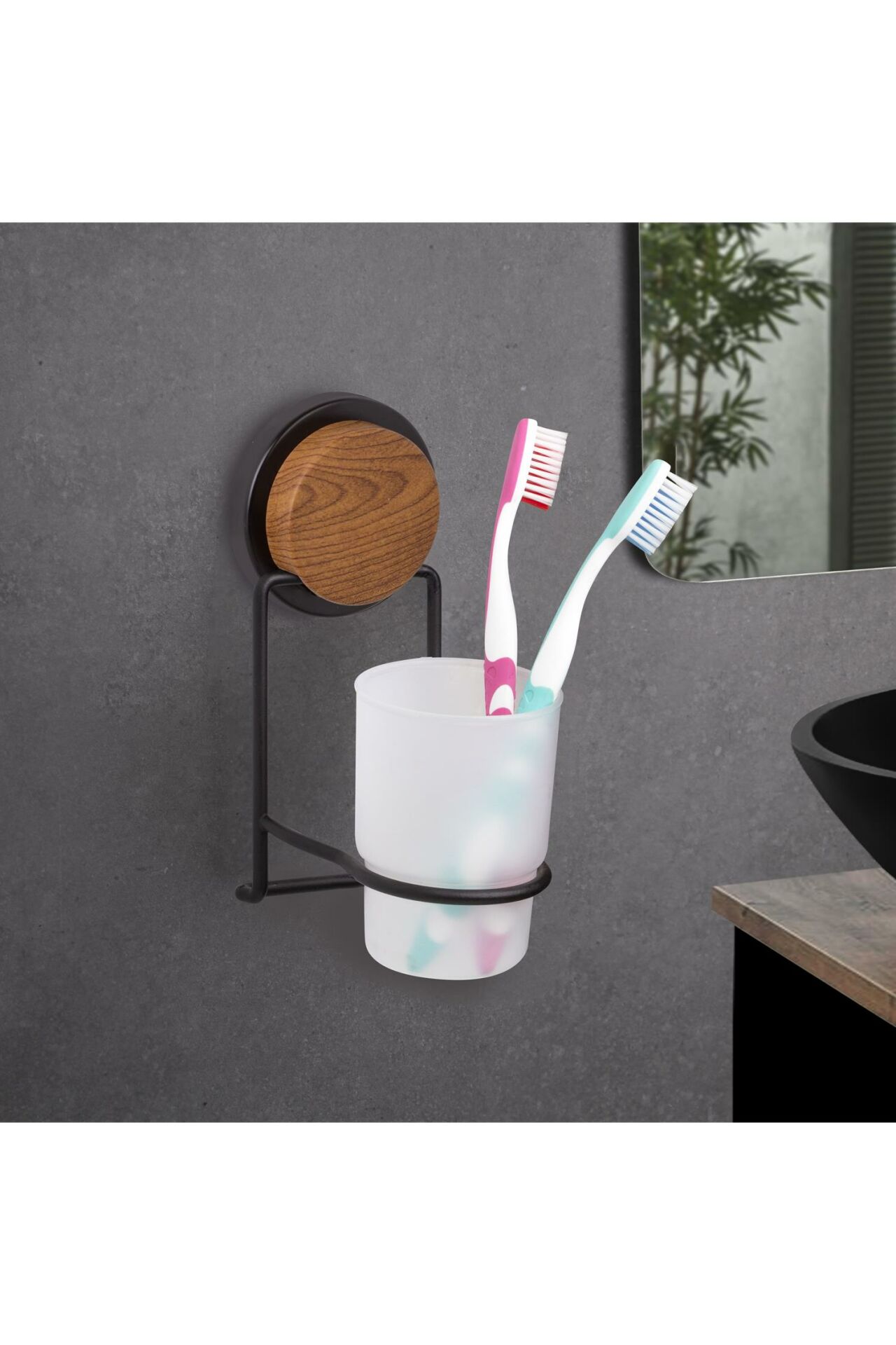 Okyanus Home Ahşap Desenli Magic Fix Sihirli Yapışkan Siyah Diş Fırçalık