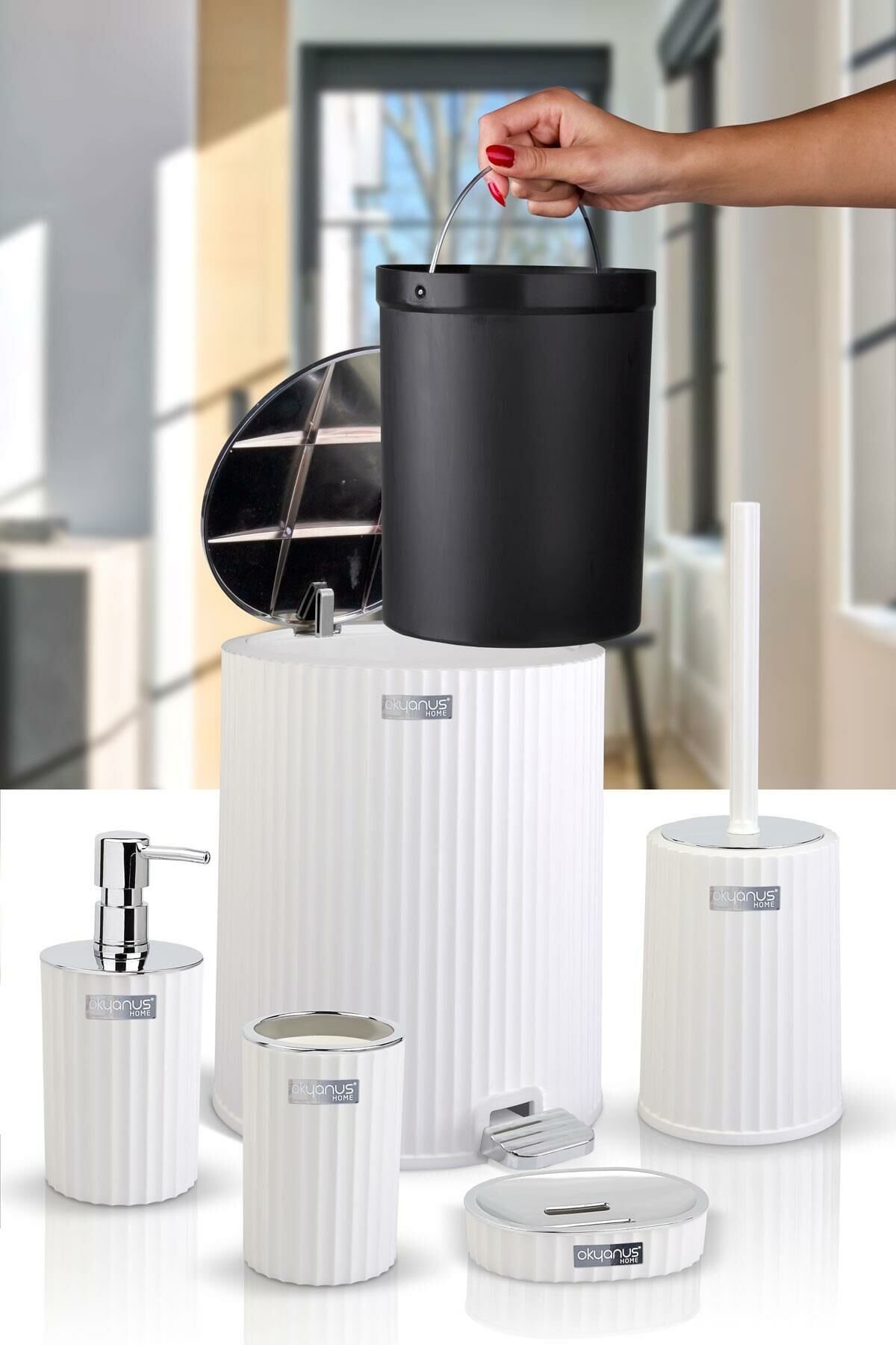 Okyanus Home Coliseum Beyaz Kromlu İç Kovalı Pedallı 5'li Banyo Seti