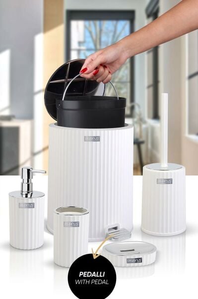 Okyanus Home Coliseum Beyaz Kromlu İç Kovalı Pedallı 5'li Banyo Seti