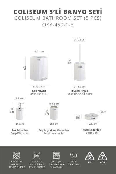 Okyanus Home Coliseum Beyaz Kromlu İç Kovalı Pedallı 5'li Banyo Seti