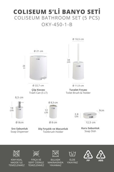 Okyanus Home Coliseum Beyaz Kromlu İç Kovalı Pedallı 5'li Banyo Seti