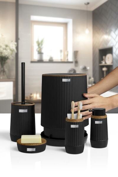 Okyanus Home Nida Siyah Ahşap Desenli Eko 5'li Banyo Seti