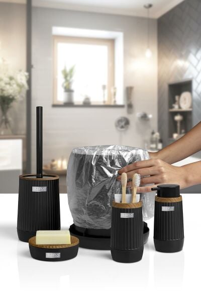 Okyanus Home Nida Siyah Ahşap Desenli Eko 5'li Banyo Seti