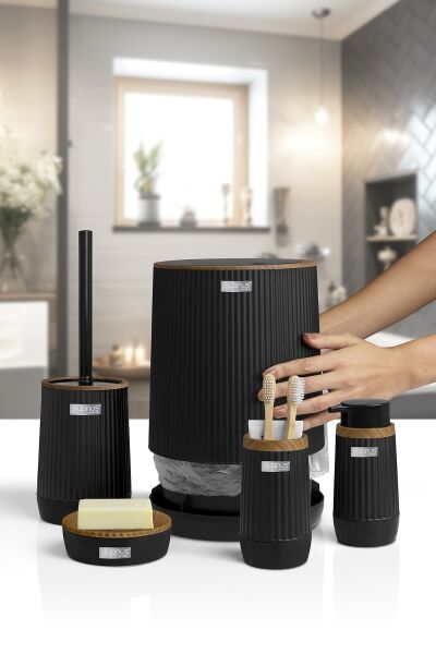 Okyanus Home Nida Siyah Ahşap Desenli Eko 5'li Banyo Seti