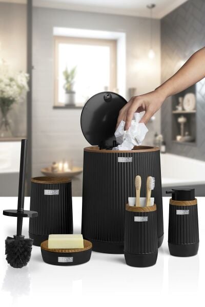 Okyanus Home Nida Siyah Ahşap Desenli Eko 5'li Banyo Seti