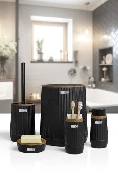 Okyanus Home Nida Siyah Ahşap Desenli Eko 5'li Banyo Seti
