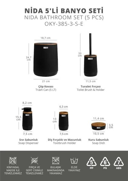 Okyanus Home Nida Siyah Ahşap Desenli Eko 5'li Banyo Seti