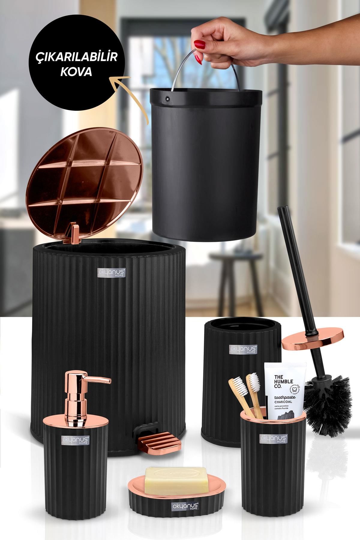 Okyanus Home Coliseum Siyah Bakır İç Kovalı Pedallı 5'li Banyo Seti