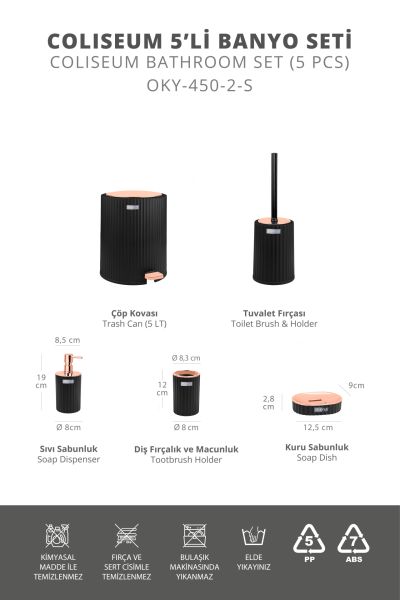 Okyanus Home Coliseum Siyah Bakır İç Kovalı Pedallı 5'li Banyo Seti