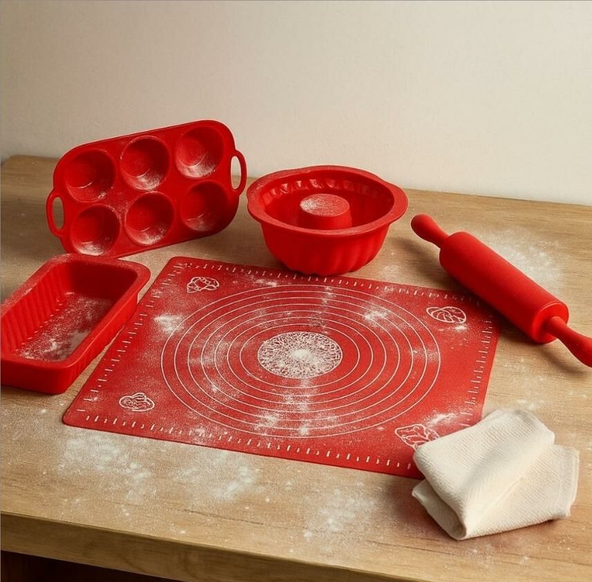 Okyanus Home 5'li Kırmızı Silikon Mutfak Seti  Göbekli-Baton-Muffin Kek Kalıbı-Merdane-Hamur Matı