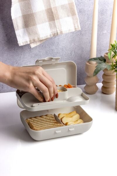 Okyanus Home Bej Lunch Box 2 Katlı 5 bölmeli Kendinden Çatal Kaşıklı Beslenme Kutusu