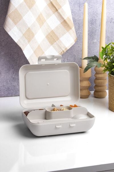 Okyanus Home Bej Lunch Box 2 Katlı 5 bölmeli Kendinden Çatal Kaşıklı Beslenme Kutusu