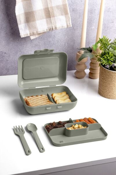 Okyanus Home Yeşil Lunch Box 2 Katlı 5 bölmeli Kendinden Çatal Kaşıklı Beslenme Kutusu