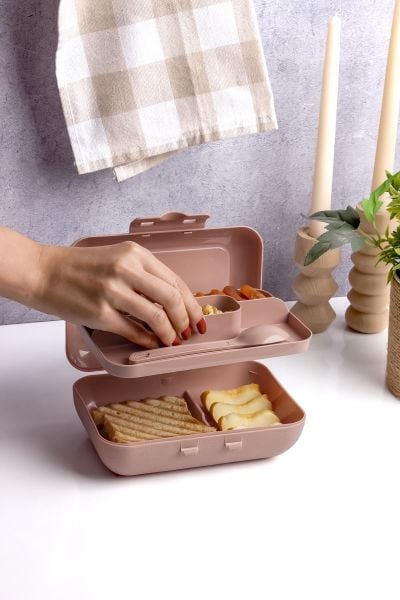 Okyanus Home Pudra Lunch Box 2 Katlı 5 bölmeli Kendinden Çatal Kaşıklı Beslenme Kutusu