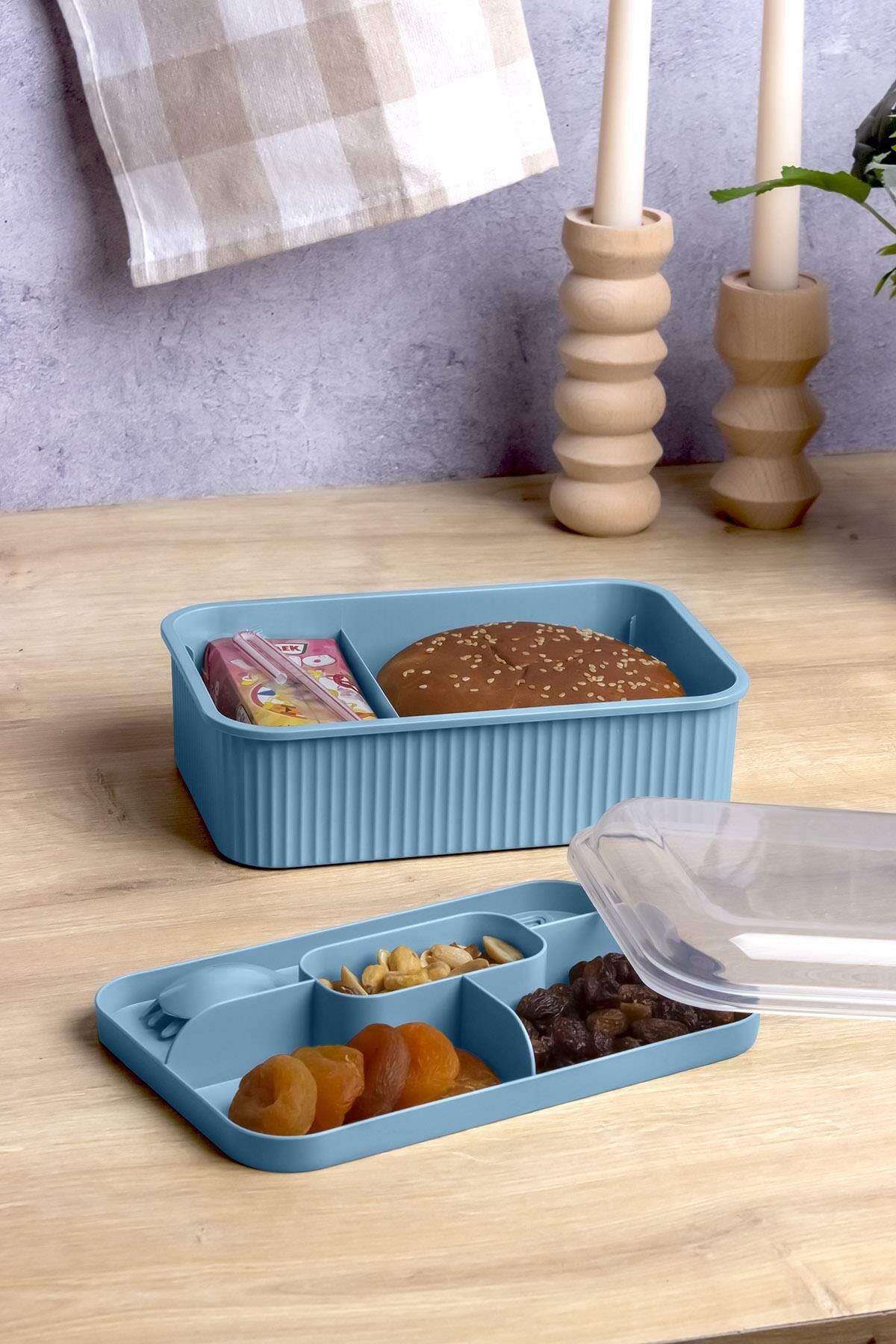 Okyanus Home Mavi Çizgili Beslenme kutusu 5 bölmeli Çatal Kaşıklı Şeffaf Kapaklı Lunch Box
