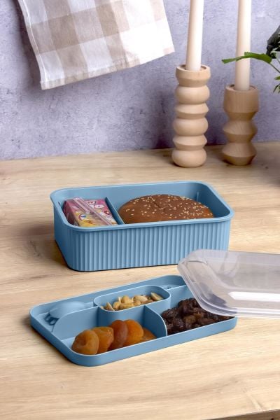 Okyanus Home Mavi Çizgili Beslenme kutusu 5 bölmeli Çatal Kaşıklı Şeffaf Kapaklı Lunch Box