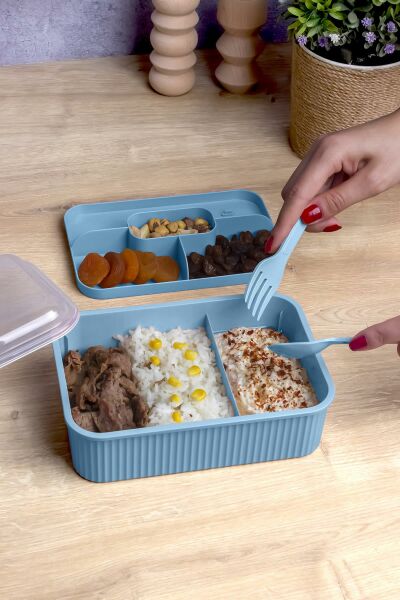 Okyanus Home Mavi Çizgili Beslenme kutusu 5 bölmeli Çatal Kaşıklı Şeffaf Kapaklı Lunch Box