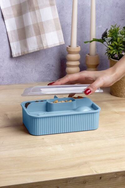 Okyanus Home Mavi Çizgili Beslenme kutusu 5 bölmeli Çatal Kaşıklı Şeffaf Kapaklı Lunch Box