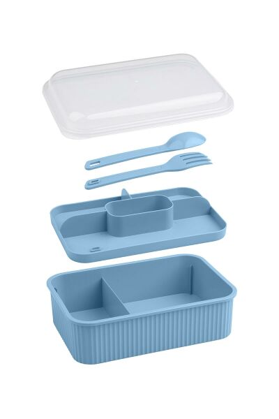 Okyanus Home Mavi Çizgili Beslenme kutusu 5 bölmeli Çatal Kaşıklı Şeffaf Kapaklı Lunch Box