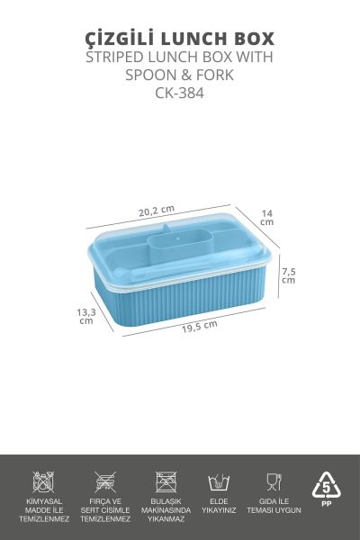 Okyanus Home Mavi Çizgili Beslenme kutusu 5 bölmeli Çatal Kaşıklı Şeffaf Kapaklı Lunch Box