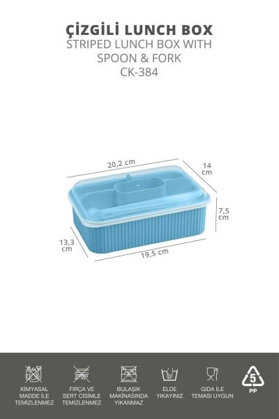 Okyanus Home Mavi Çizgili Beslenme kutusu 5 bölmeli Çatal Kaşıklı Şeffaf Kapaklı Lunch Box