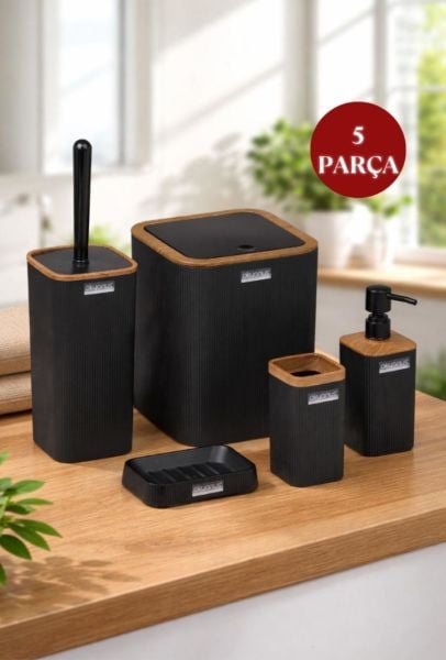 Okyanus Home Mina Siyah Ahşap Desenli Çizgili Kare 5'li Banyo Seti