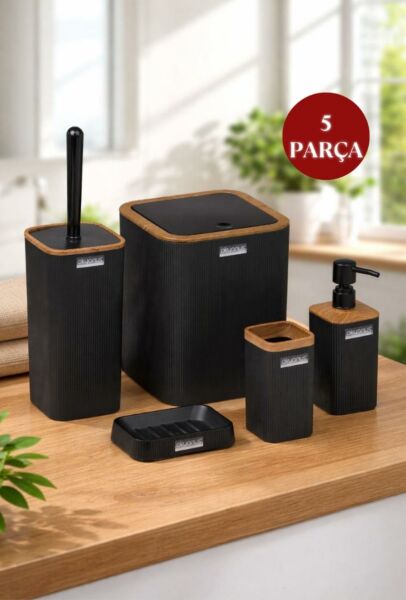 Okyanus Home Mina Siyah Ahşap Desenli Çizgili Kare 5'li Banyo Seti