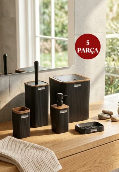 Okyanus Home Mina Siyah Ahşap Desenli Çizgili Kare 5'li Banyo Seti