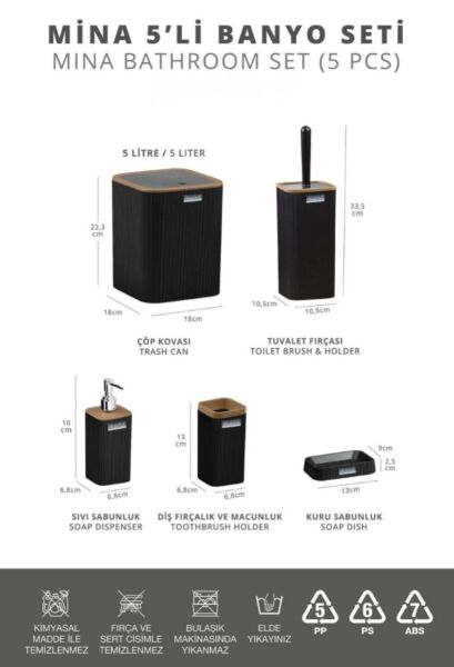 Okyanus Home Mina Siyah Ahşap Desenli Çizgili Kare 5'li Banyo Seti