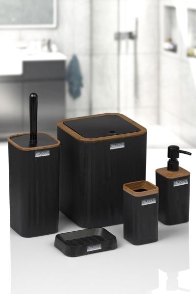 Okyanus Home Mina Siyah Ahşap Desenli Çizgili Kare 5'li Banyo Seti