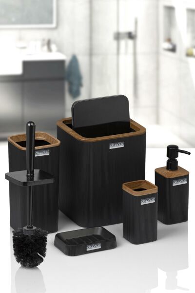 Okyanus Home Mina Siyah Ahşap Desenli Çizgili Kare 5'li Banyo Seti