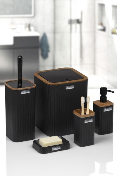 Okyanus Home Mina Siyah Ahşap Desenli Çizgili Kare 5'li Banyo Seti