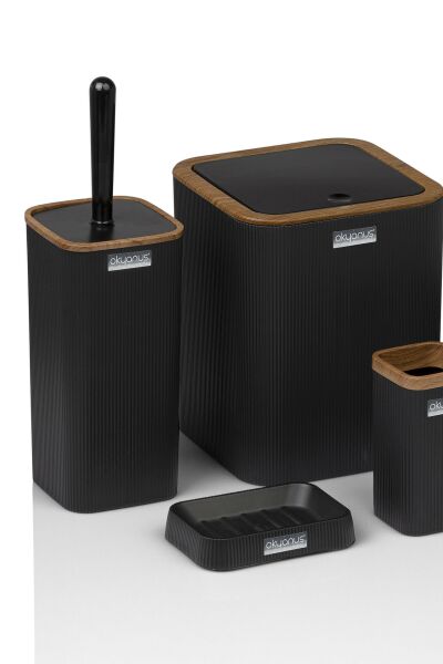 Okyanus Home Mina Siyah Ahşap Desenli Çizgili Kare 5'li Banyo Seti