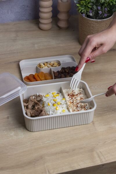 Okyanus Home Bej Çizgili Beslenme kutusu 5 bölmeli Çatal Kaşıklı Şeffaf Kapaklı Lunch Box