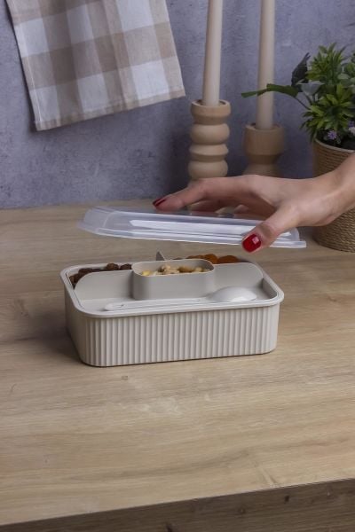 Okyanus Home Bej Çizgili Beslenme kutusu 5 bölmeli Çatal Kaşıklı Şeffaf Kapaklı Lunch Box