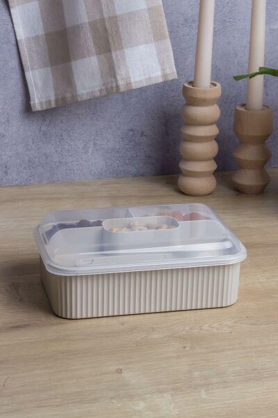 Okyanus Home Bej Çizgili Beslenme kutusu 5 bölmeli Çatal Kaşıklı Şeffaf Kapaklı Lunch Box